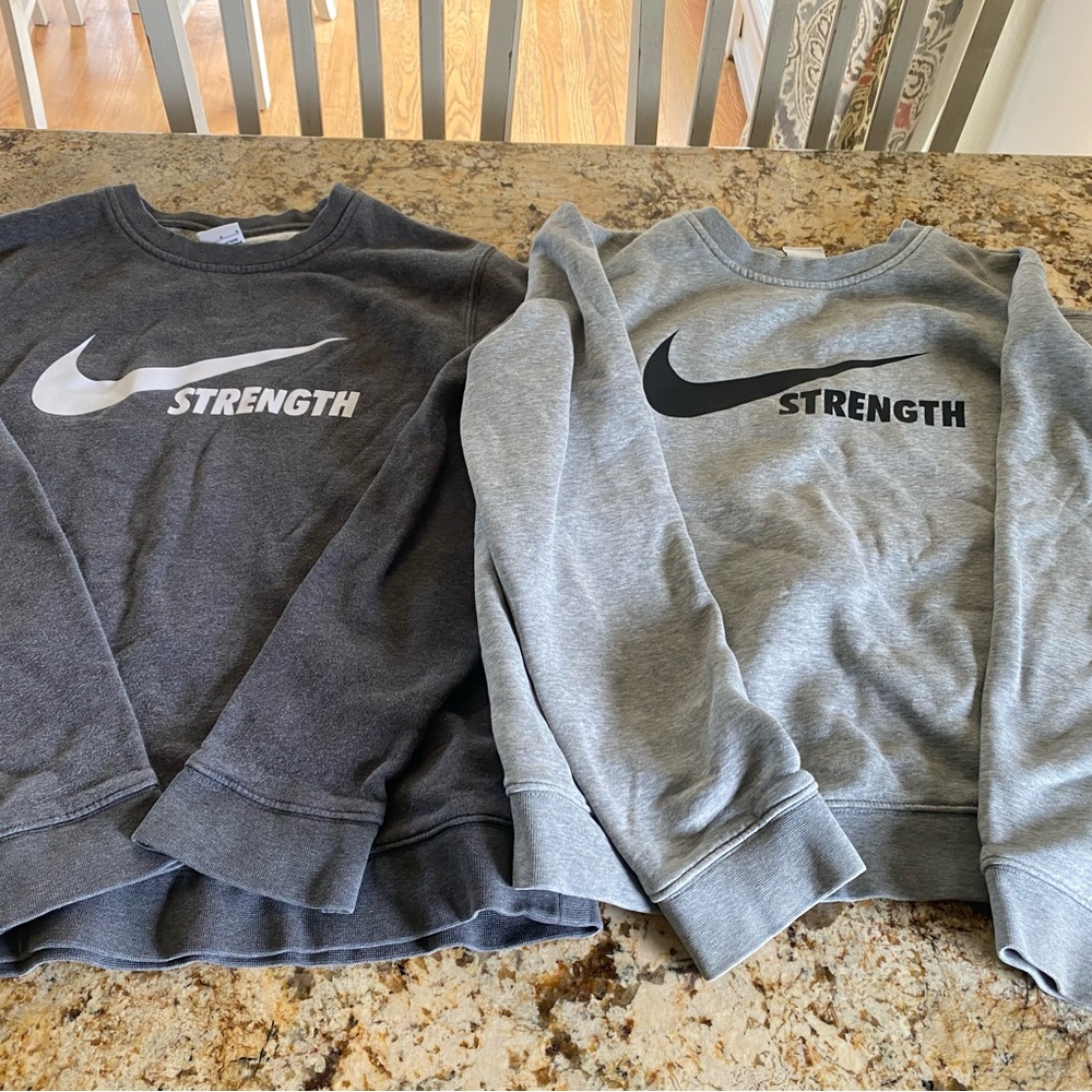 Pair of Nike Men’s Crewneck Sweatshirt - Charcoal Gray and Ash with White Logo